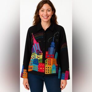 Art-to-Wear Vibrant Embroidered Cityscape Jacket XL Boho Eclectic‎ Maximalist